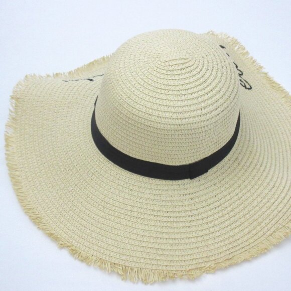 Eat Sleep Beach Embroidered Wide Brim Straw Sun Hat Frayed Beige Collapsible NEW - Picture 4 of 4